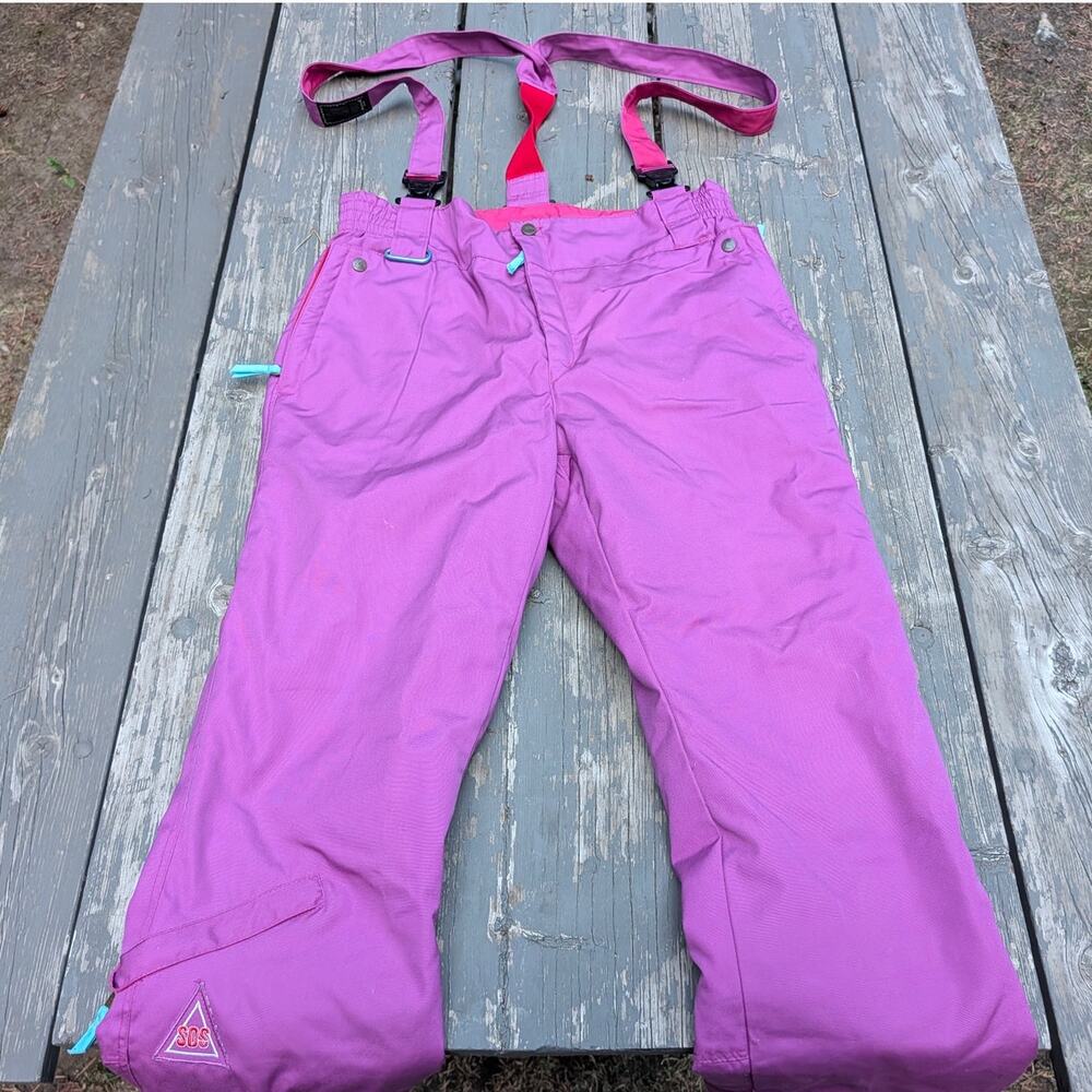 Vintage SOS Sportswear of Sweden Ski Snow Pants Bibs Pink Purple Retro 80s 90s